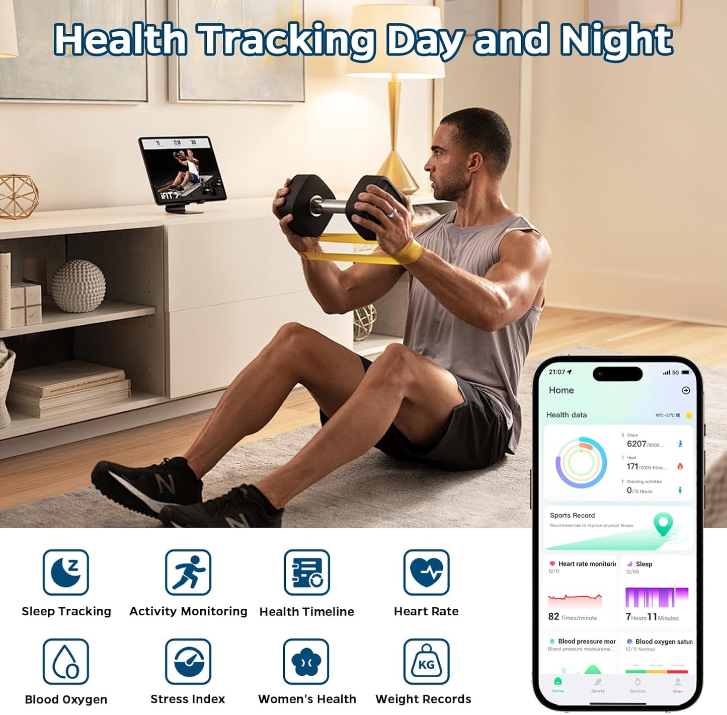 Smart Ring Health Tracker - Waterproof Fitness Ring with Heart Rate & Sleep Monitoring, 7-Day Battery Life, Air Gestures, Compatible with iOS & Android (Black, Size #10)