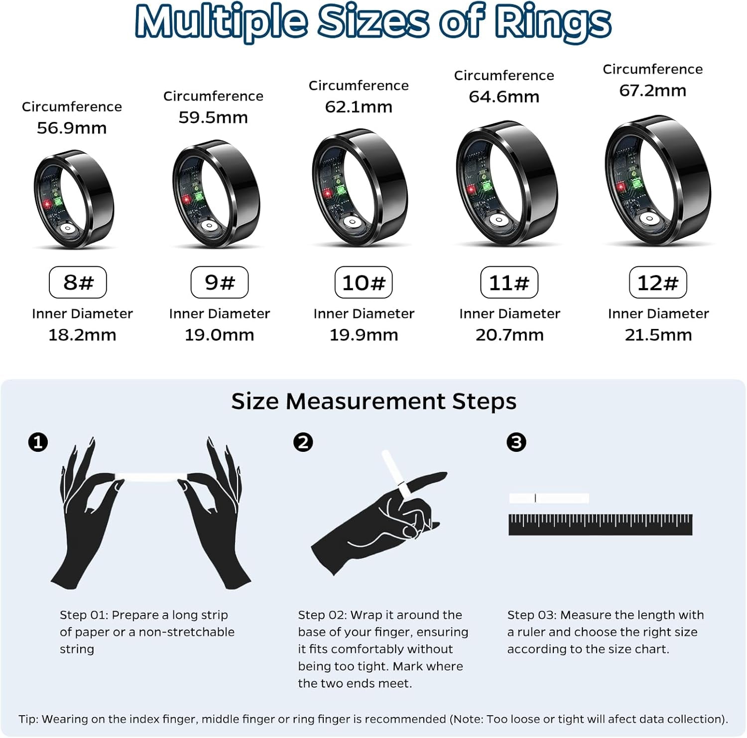 Smart Ring Health Tracker - Waterproof Fitness Ring with Heart Rate & Sleep Monitoring, 7-Day Battery Life, Air Gestures, Compatible with iOS & Android (Black, Size #10)