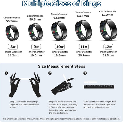 Smart Ring Health Tracker - Waterproof Fitness Ring with Heart Rate & Sleep Monitoring, 7-Day Battery Life, Air Gestures, Compatible with iOS & Android (Black, Size #10)